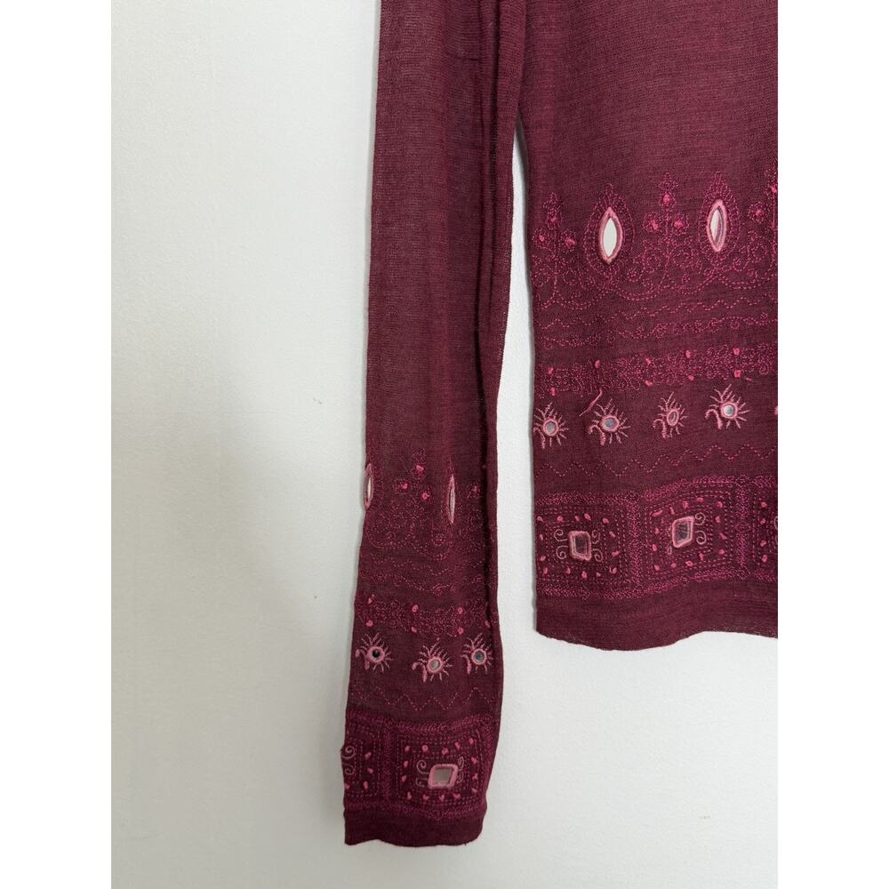Karen Millen Women's Maroon Embroidered Mesh Sheer Boho Blouse Size 10 - Picture 9 of 10
